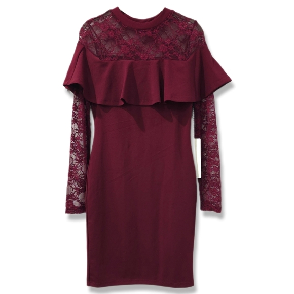 ✨️4/$20 Nwt Wine Burgundy Bodycon Long Sleeve Dress, Lace Details, Ruffle Detail - Picture 2 of 13